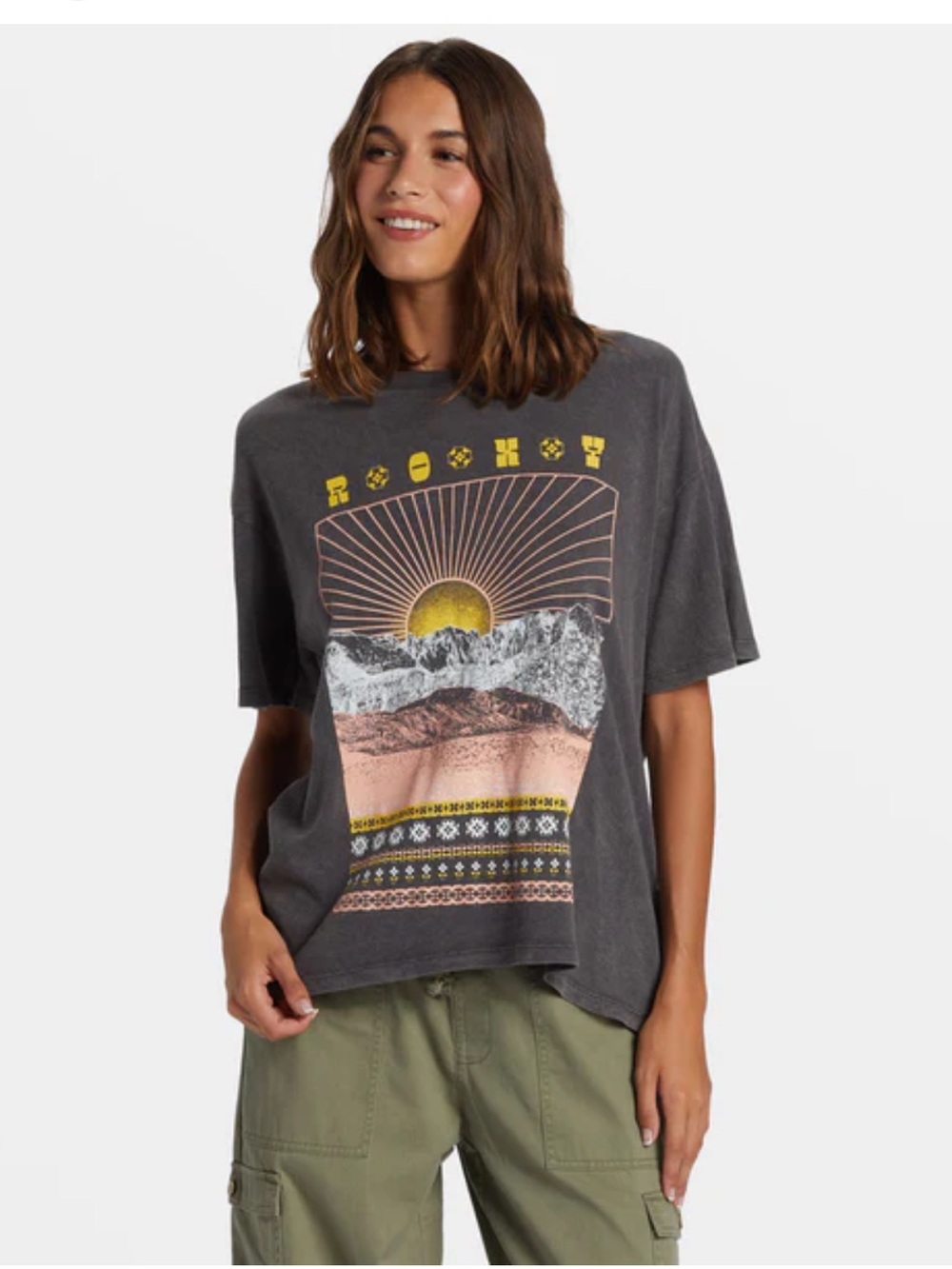 Roxy Sunset Mountain Graphic Tee - Phantom Gray with Yellow & Pink
